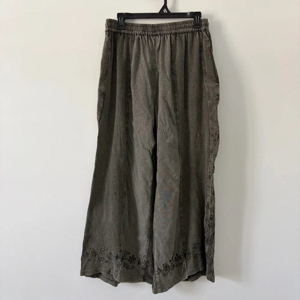 Young Threads Washed Olive Green Embroidered Wide Leg Casual Boho Pants M - Picture 5 of 11